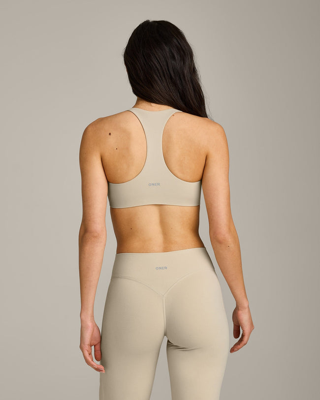 SoftMotion™ Bralette with Gray Logo | Oatmeal