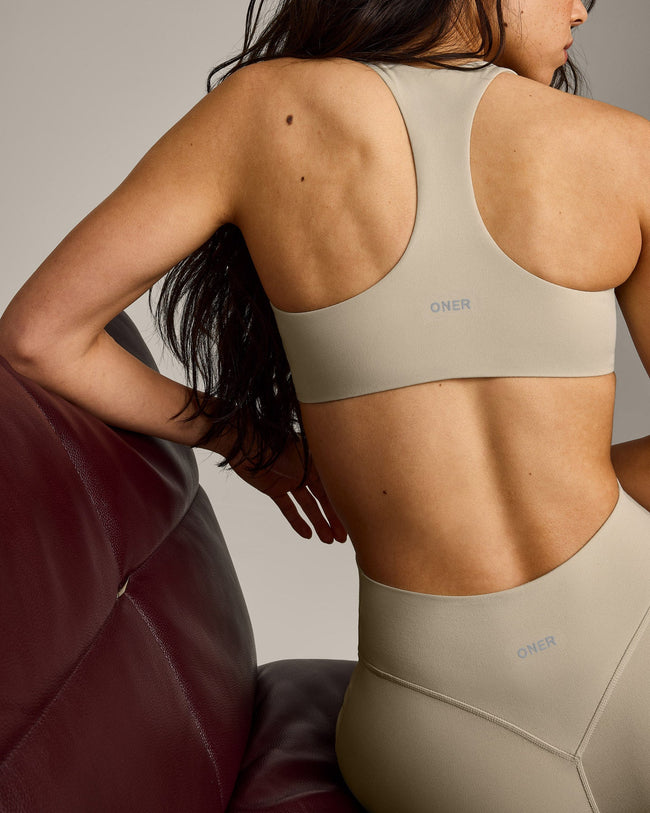 SoftMotion™ Bralette with Gray Logo | Oatmeal