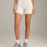 SoftMotion™ Double Layer High Waisted Shorts 6" with Gray Logo | Marshmallow White