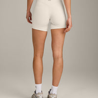 SoftMotion™ Double Layer High Waisted Shorts 6" with Gray Logo | Marshmallow White