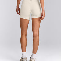 SoftMotion™ Double Layer High Waisted Shorts 6" with Gray Logo | Marshmallow White