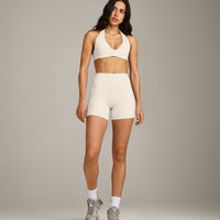 SoftMotion™ Double Layer High Waisted Shorts 6" with Gray Logo | Marshmallow White