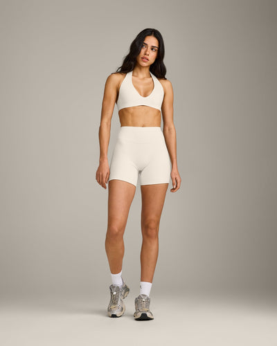 SoftMotion™ Double Layer High Waisted Shorts 6" with Gray Logo | Marshmallow White