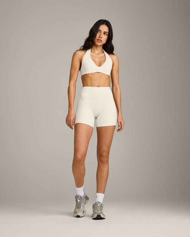 SoftMotion™ Double Layer High Waisted Shorts 6" with Gray Logo | Marshmallow White