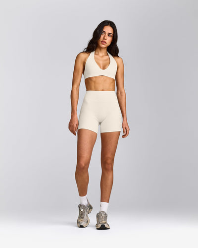 SoftMotion™ Double Layer High Waisted Shorts 6" with Gray Logo | Marshmallow White