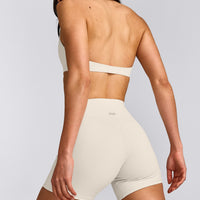 SoftMotion™ Double Layer High Waisted Shorts 6" with Gray Logo | Marshmallow White