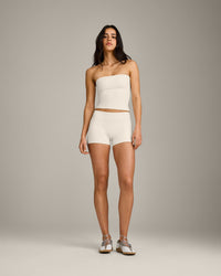 SoftMotion™ Double Layer Mid Rise Shorts 4" with Gray Logo | Marshmallow White