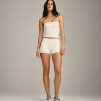 SoftMotion™ Double Layer Mid Rise Shorts 4" with Gray Logo | Marshmallow White
