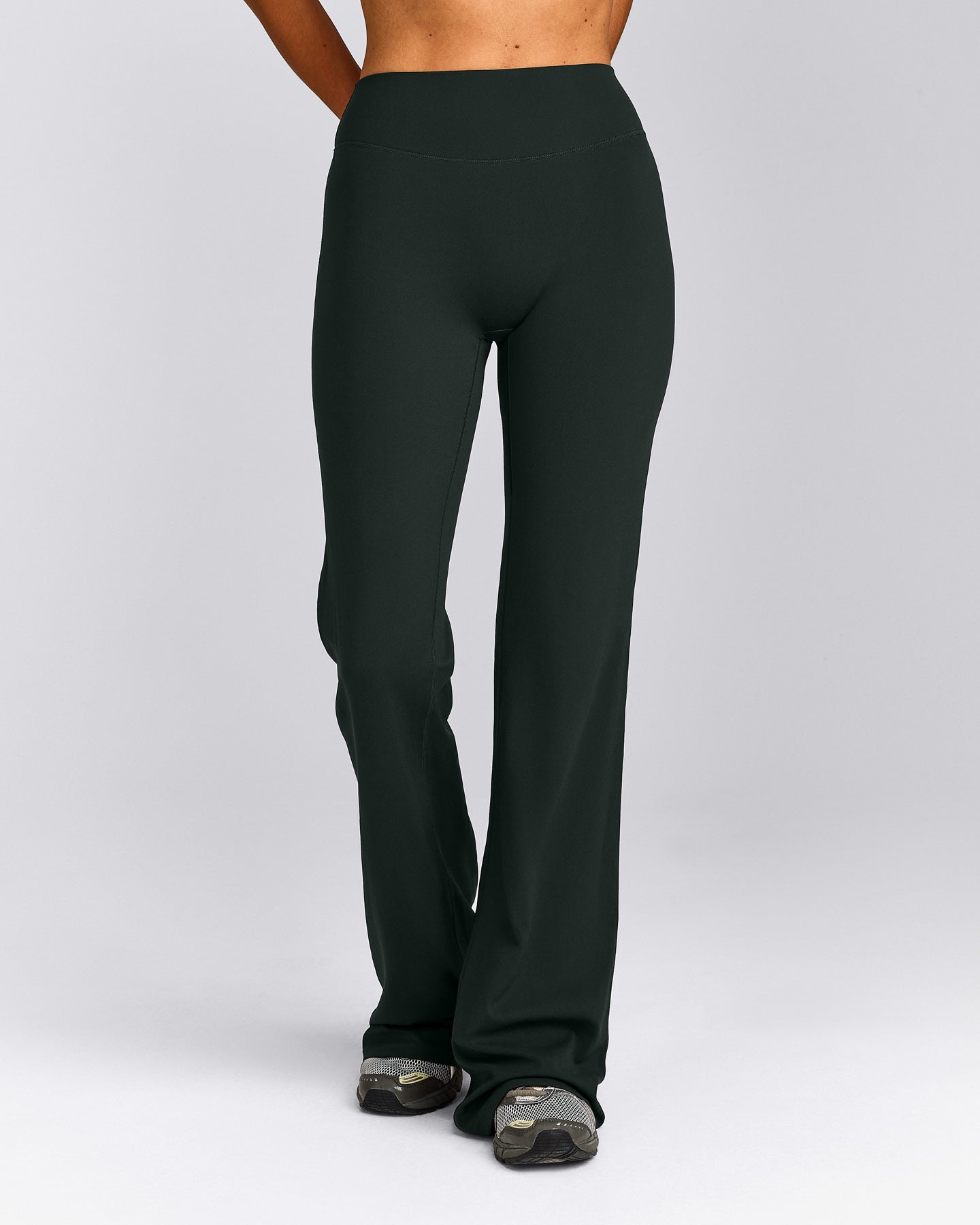 SoftMotion™ Flared Pants with Gray Logo | Emerald Noir