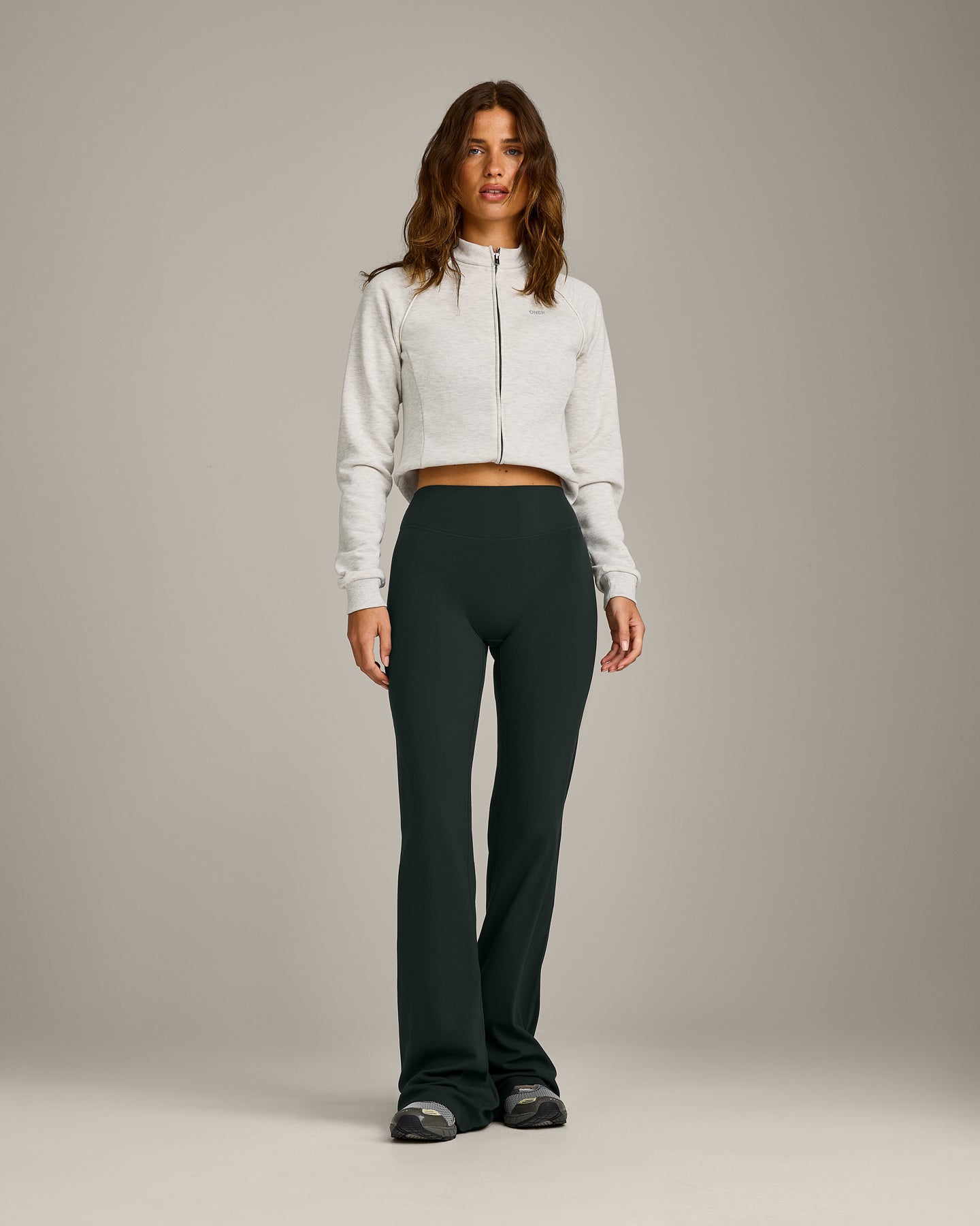 SoftMotion™ Flared Pants with Gray Logo | Emerald Noir