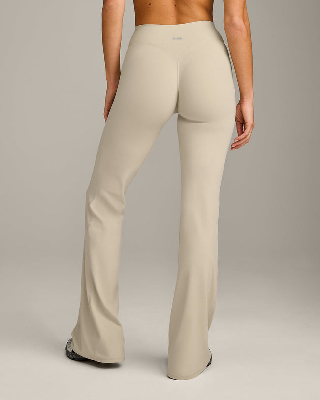 SoftMotion™ Flared Pants with Gray Logo | Oatmeal