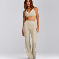 SoftMotion™ Flared Pants with Gray Logo | Oatmeal