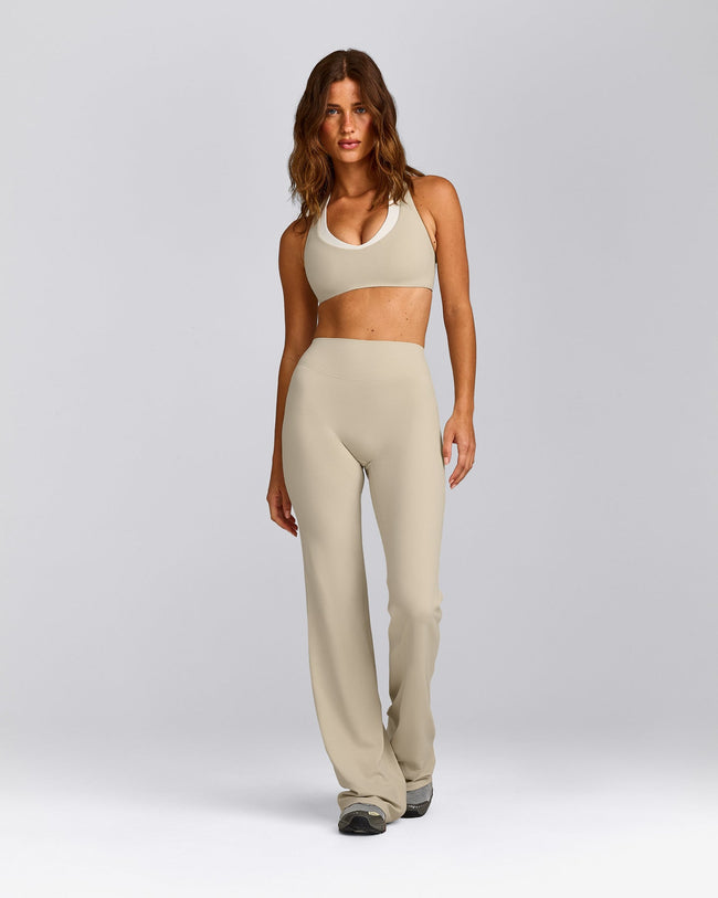 SoftMotion™ Flared Pants with Gray Logo | Oatmeal