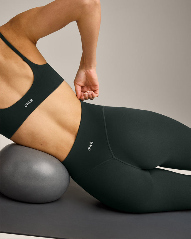 SoftMotion™ High Waisted Leggings with Gray Logo | Emerald Noir