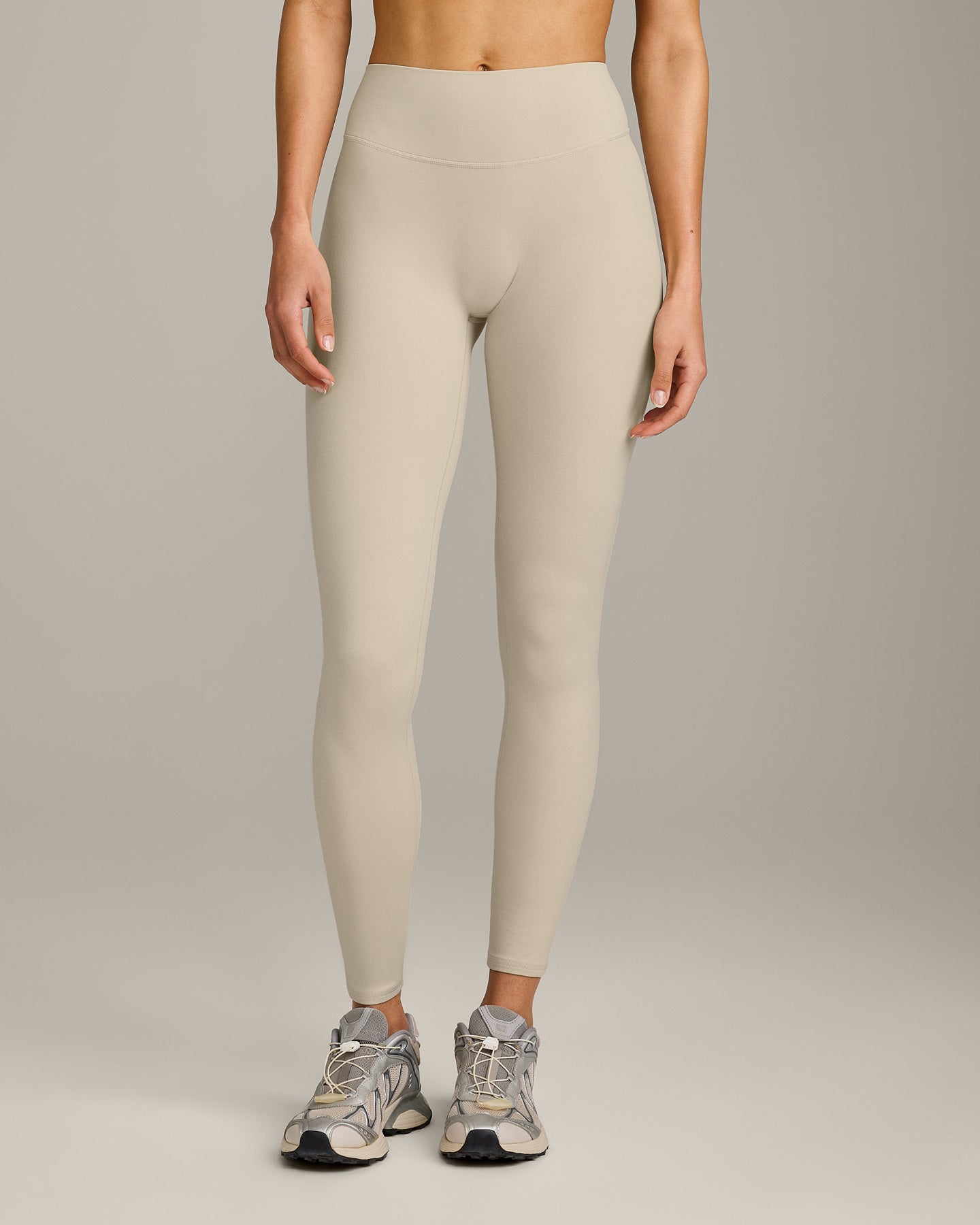 SoftMotion™ High Waisted Leggings with Gray Logo | Oatmeal
