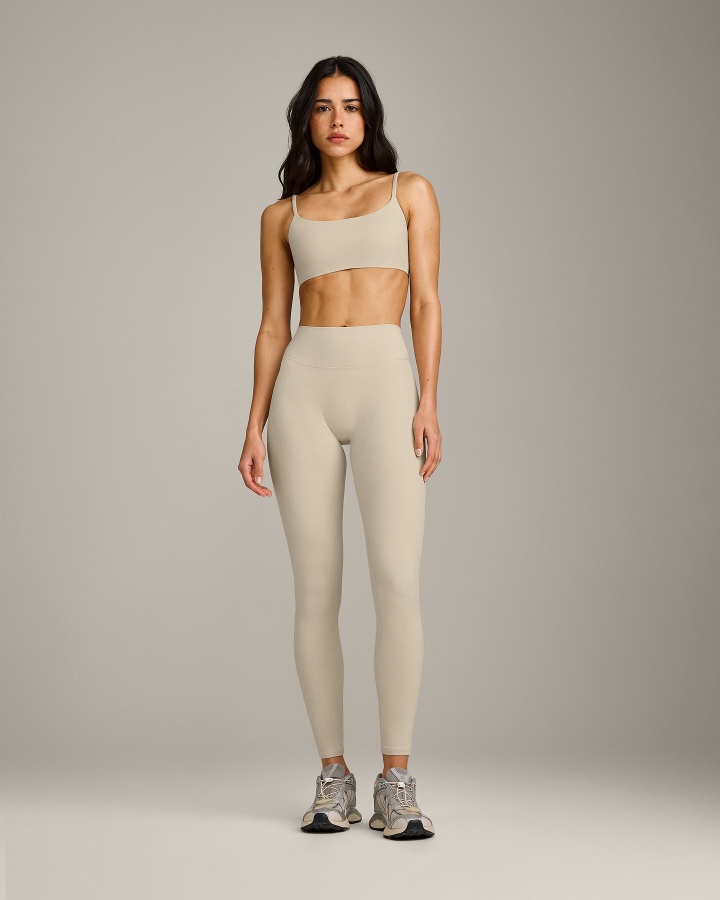 SoftMotion™ High Waisted Leggings with Gray Logo | Oatmeal
