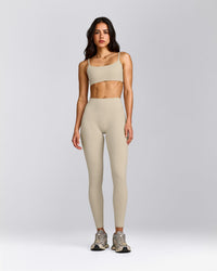 SoftMotion™ High Waisted Leggings with Gray Logo | Oatmeal