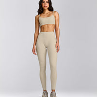 SoftMotion™ High Waisted Leggings with Gray Logo | Oatmeal