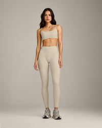 SoftMotion™ High Waisted Leggings with Gray Logo | Oatmeal