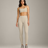 SoftMotion™ High Waisted Leggings with Gray Logo | Oatmeal