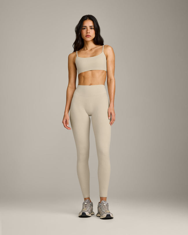 SoftMotion™ High Waisted Leggings with Gray Logo | Oatmeal