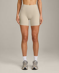 SoftMotion™ High Waisted Shorts 6" with Gray Logo | Oatmeal