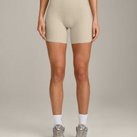 SoftMotion™ High Waisted Shorts 6" with Gray Logo | Oatmeal