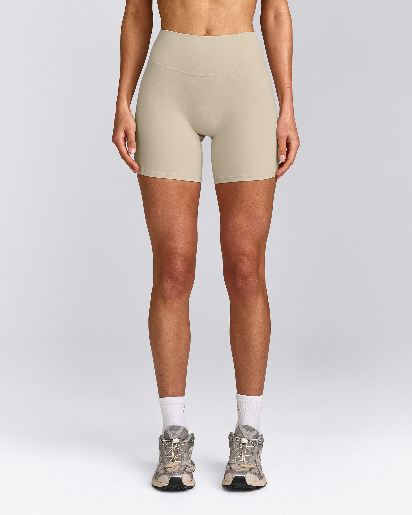 SoftMotion™ High Waisted Shorts 6" with Gray Logo | Oatmeal