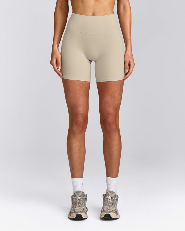 SoftMotion™ High Waisted Shorts 6" with Gray Logo | Oatmeal