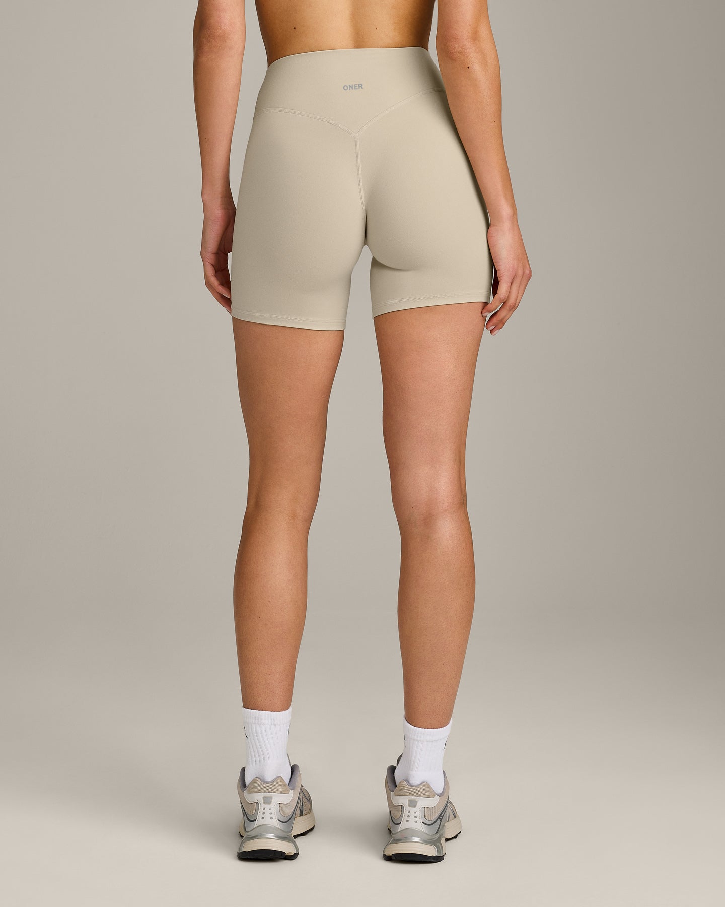 SoftMotion™ High Waisted Shorts 6" with Gray Logo | Oatmeal