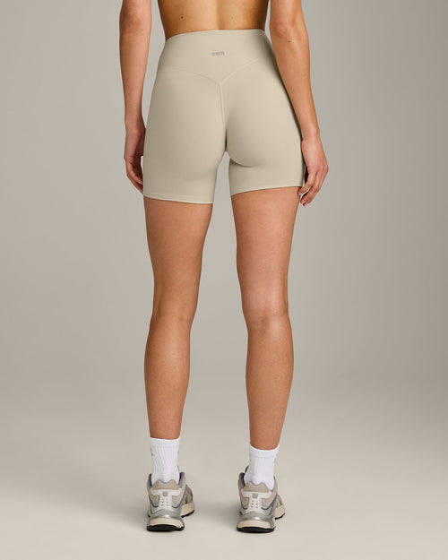 SoftMotion™ High Waisted Shorts 6" with Gray Logo | Oatmeal