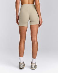 SoftMotion™ High Waisted Shorts 6" with Gray Logo | Oatmeal