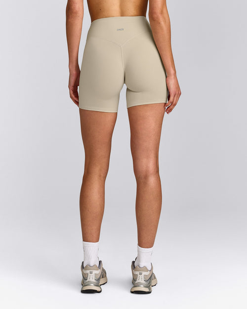 SoftMotion™ High Waisted Shorts 6" with Gray Logo | Oatmeal