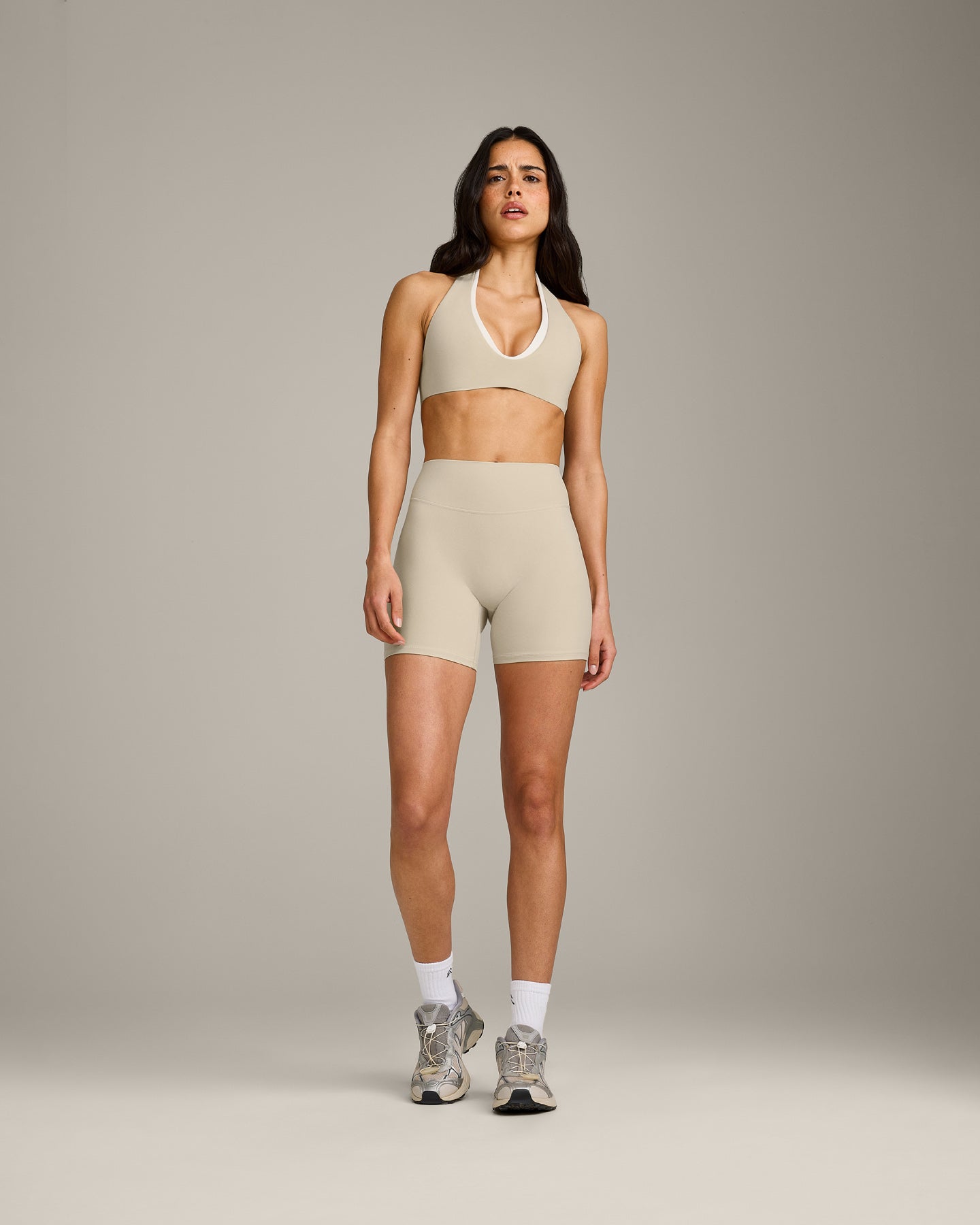 SoftMotion™ High Waisted Shorts 6" with Gray Logo | Oatmeal