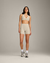 SoftMotion™ High Waisted Shorts 6" with Gray Logo | Oatmeal
