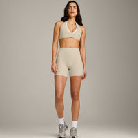 SoftMotion™ High Waisted Shorts 6" with Gray Logo | Oatmeal
