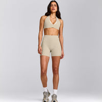 SoftMotion™ High Waisted Shorts 6" with Gray Logo | Oatmeal