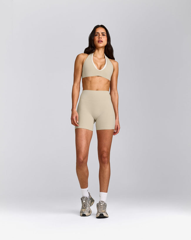 SoftMotion™ High Waisted Shorts 6" with Gray Logo | Oatmeal