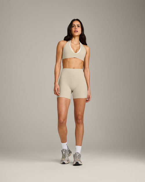 SoftMotion™ High Waisted Shorts 6" with Gray Logo | Oatmeal