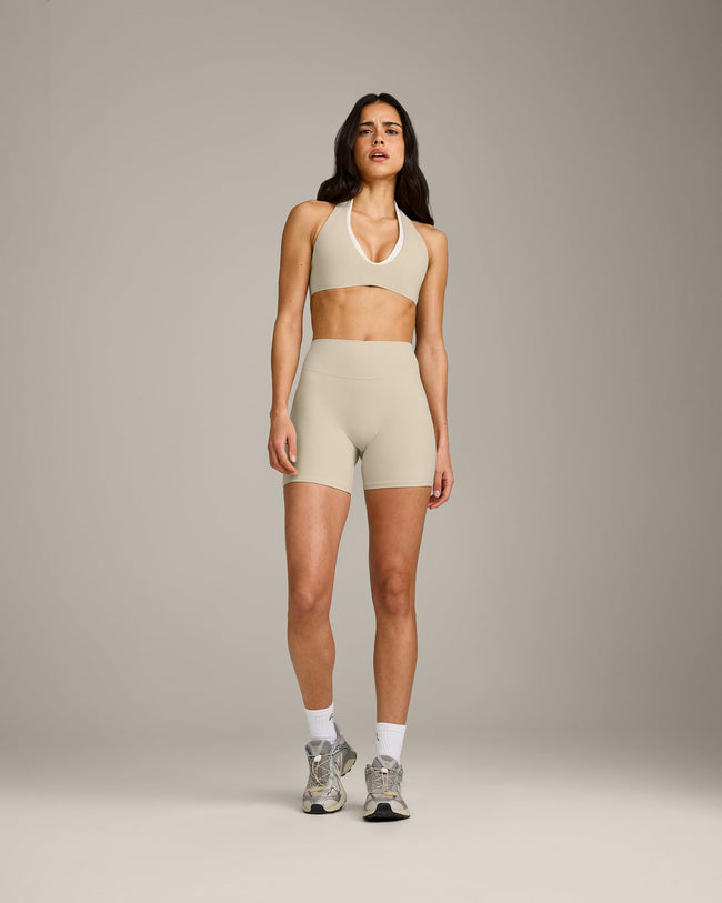 SoftMotion™ High Waisted Shorts 6" with Gray Logo | Oatmeal