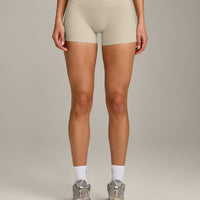 SoftMotion™ Mid Rise Shorts 4" with Gray Logo | Oatmeal