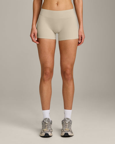 SoftMotion™ Mid Rise Shorts 4" with Gray Logo | Oatmeal