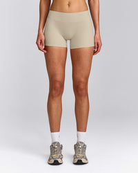 SoftMotion™ Mid Rise Micro Shorts 4" with Grey Logo | Oatmeal