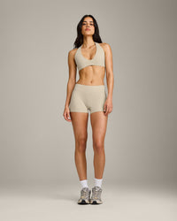 SoftMotion™ Mid Rise Shorts 4" with Gray Logo | Oatmeal