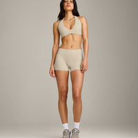 SoftMotion™ Mid Rise Shorts 4" with Gray Logo | Oatmeal