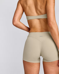 SoftMotion™ Mid Rise Micro Shorts 4" with Grey Logo | Oatmeal