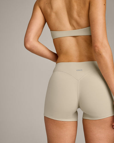 SoftMotion™ Mid Rise Shorts 4" with Gray Logo | Oatmeal