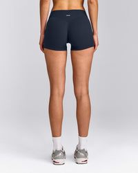 SoftMotion™ Mid Rise Micro Shorts 4" with Grey Logo | True Blue