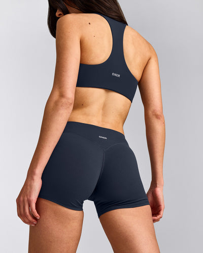SoftMotion™ Mid Rise Micro Shorts 4" with Grey Logo | True Blue
