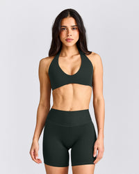 SoftMotion™ Minimal Halter Neck Bralette with Gray Logo | Emerald Noir